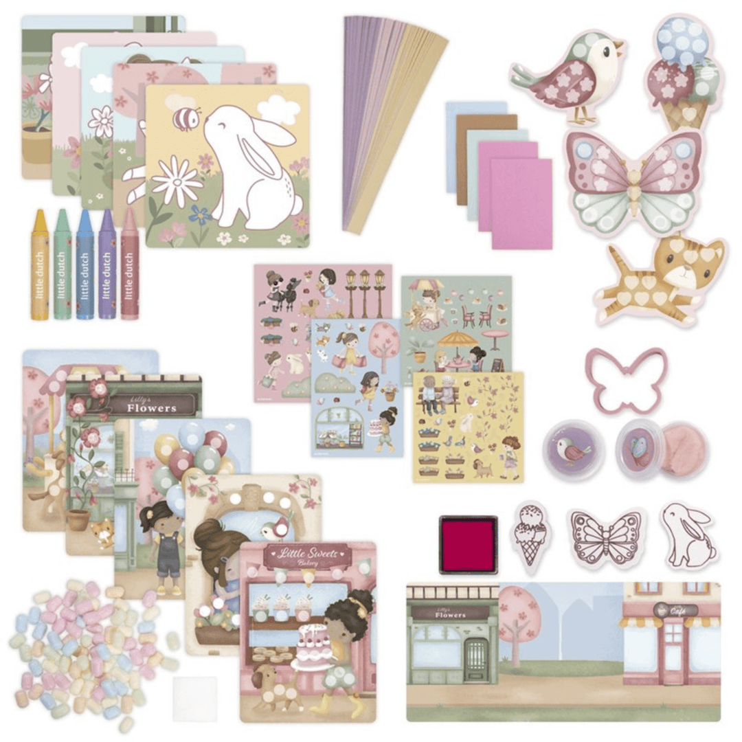 Contenuto del kit creativo Rosa's Creative Box di Little Dutch con adesivi, timbri e pastelli
