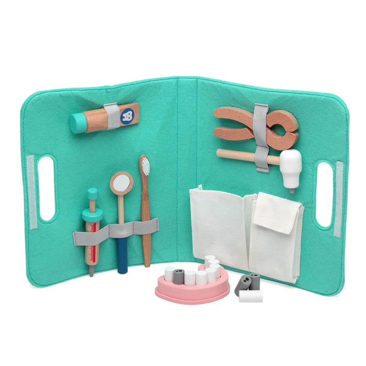 Wooden toy dentist kit with open case and organized dental tools
