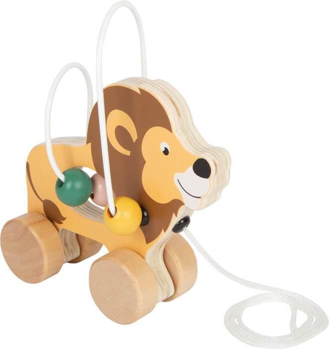 Giocattolo in legno a forma di leone da tirare con perline colorate, ideale per stimolare la motricità fine dei neonati