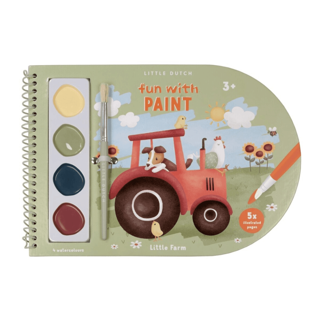 Libro para pintar con acuarelas para niños Little Dutch Little Farm con pincel y paleta de colores