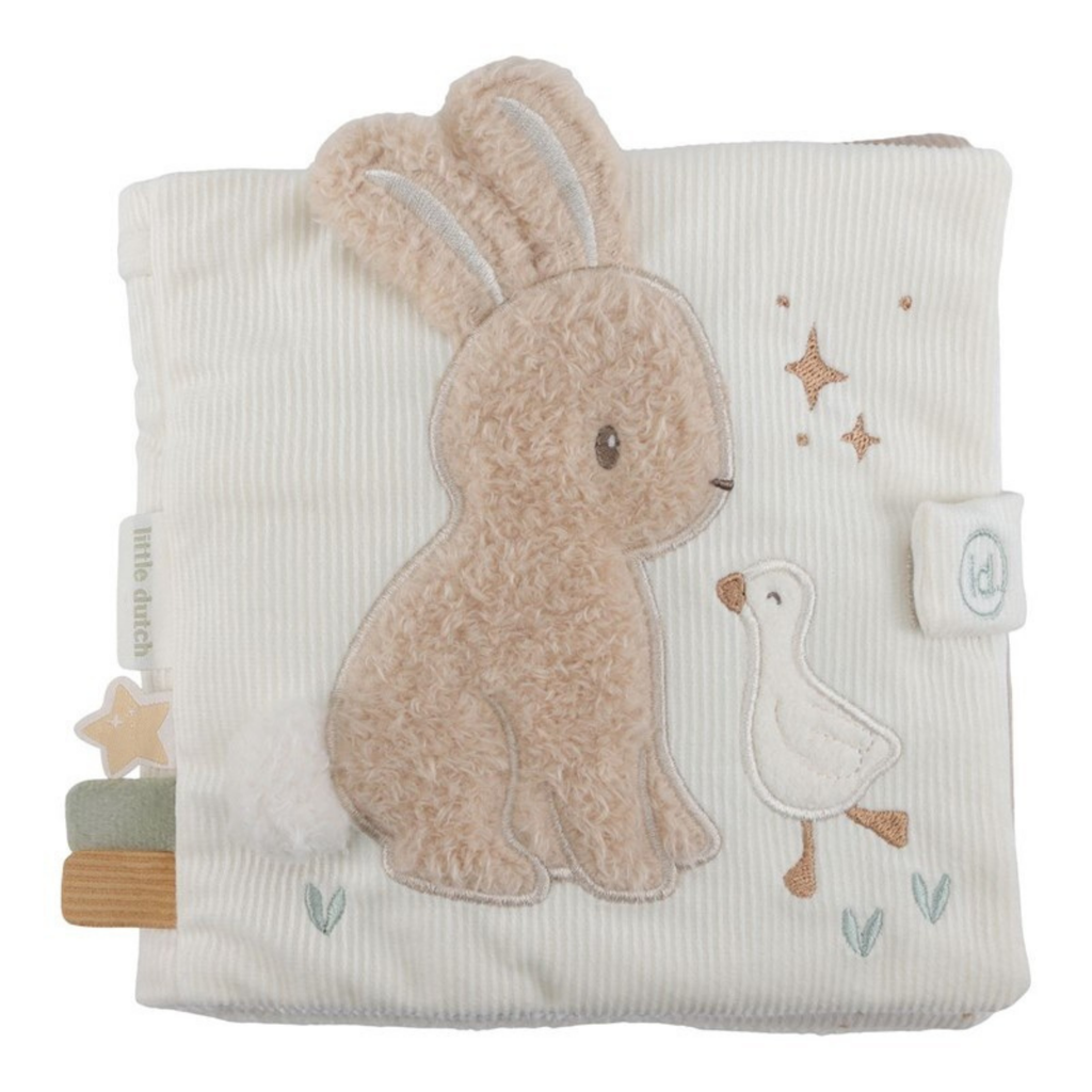Libro sensorial de tela Little Dutch con conejo y ganso bordados para bebé