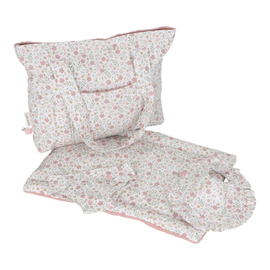 Bolso y cambiador para muñeca Little Dutch con estampado floral rosa, ideal para juego de cuidado infantil