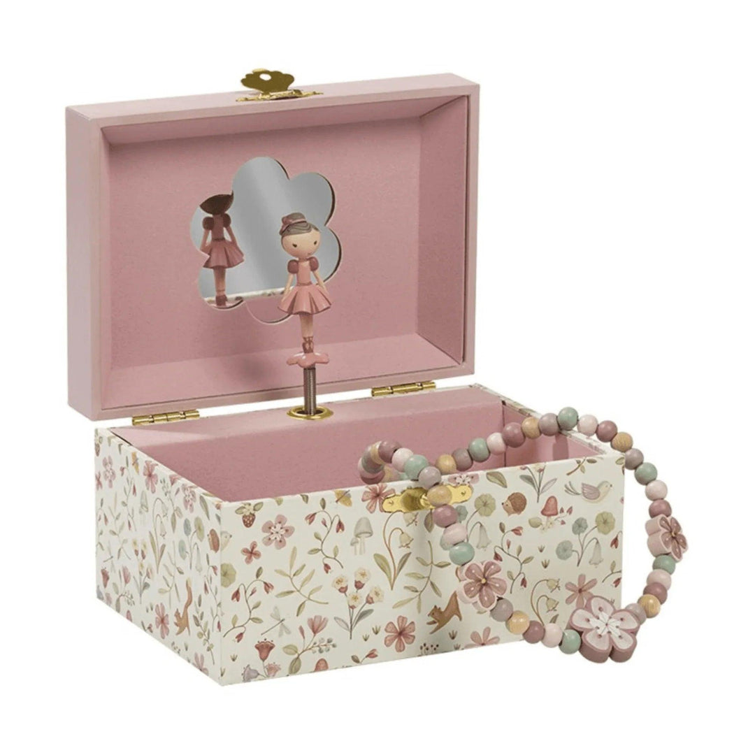 Caja musical Little Dutch con bailarina rosa, diseño floral, incluye pulsera de cuentas, ideal para niñas pequeñas y joyería infantil