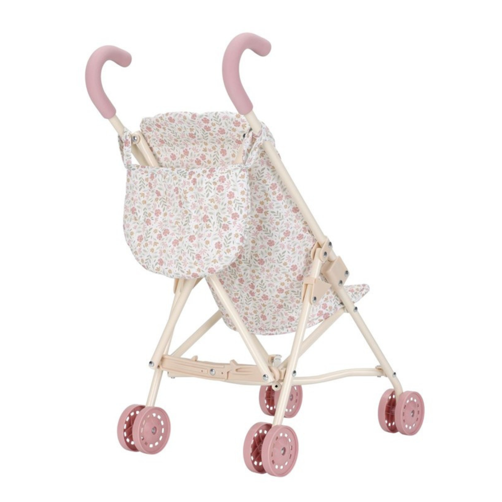 Carrito de muñeca Little Dutch con tejido floral y bolso trasero a juego, perfecto para paseos imaginarios