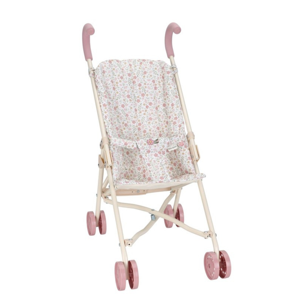 Carrito de muñeca Little Dutch con estampado floral en tonos rosa y beige, diseño plegable y liviano