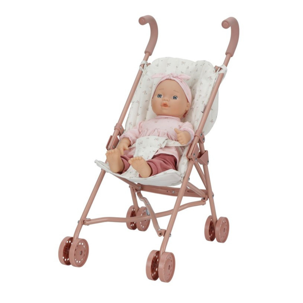 Carrito de muñeca Little Dutch color rosa con muñeca bebé sentada, ideal para juego simbólico infantil