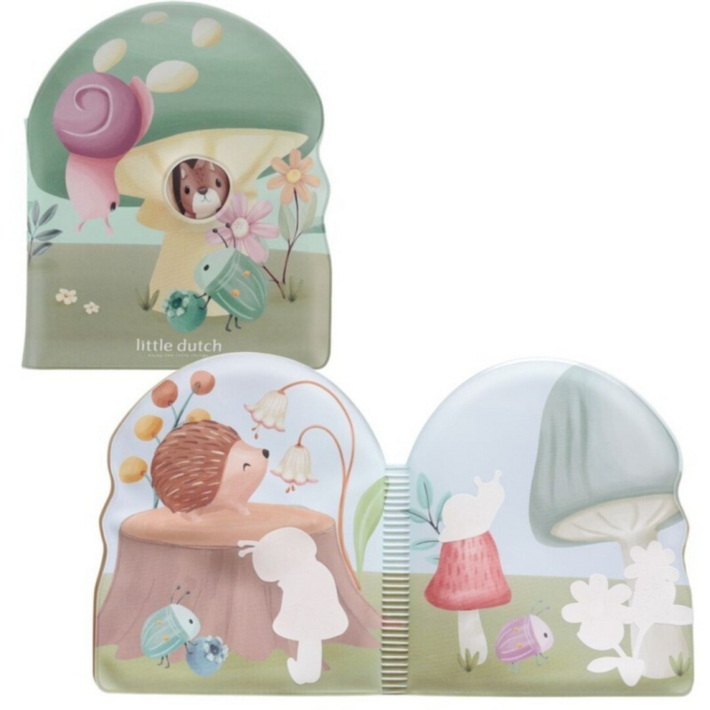Libro de baño Little Dutch para bebé, vista cerrado y abierto, ilustraciones de animales del bosque, resistente al agua