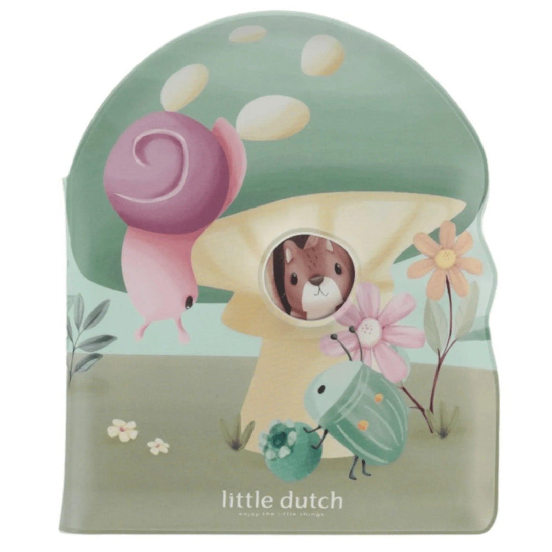 Libro de baño Little Dutch portada cerrada, ilustración de caracol, ardilla y flores, juguete resistente al agua para bebé