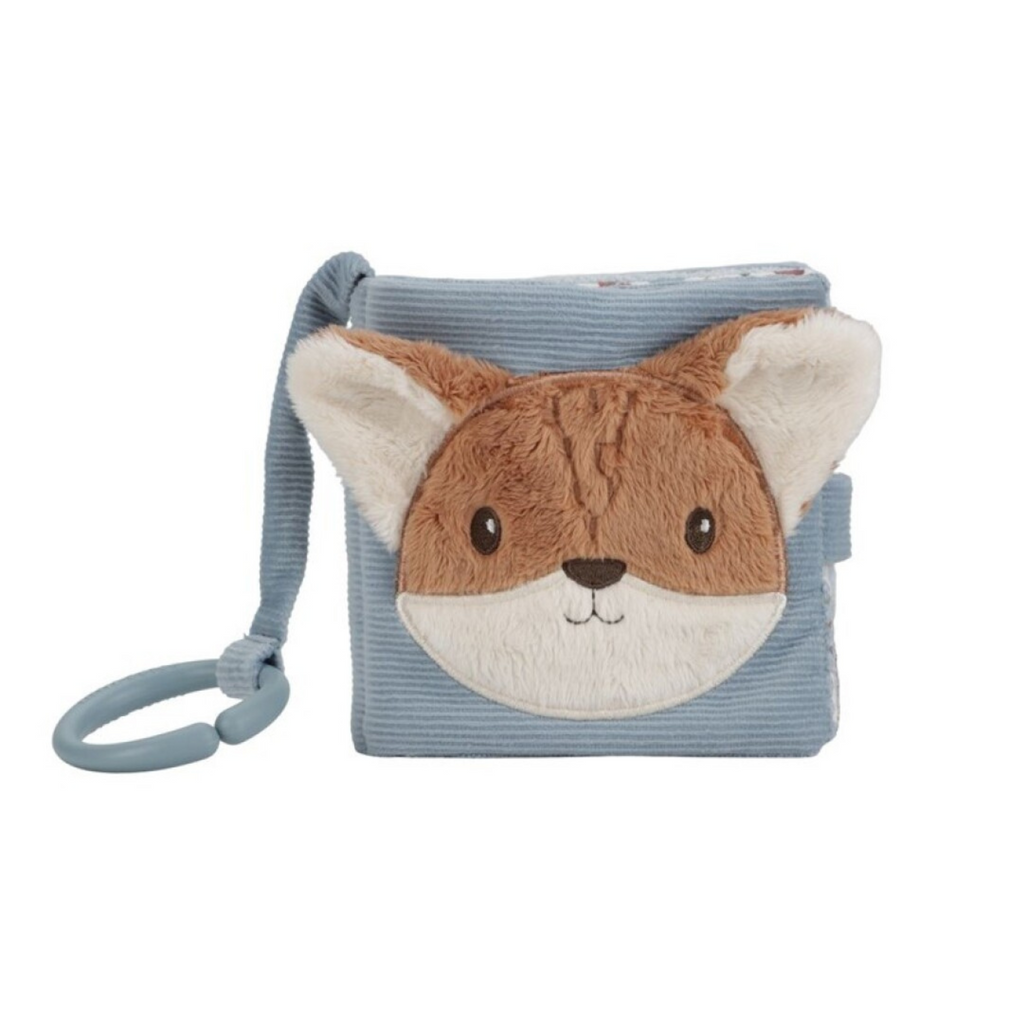 Libro sensorial de tela Little Dutch azul con portada de zorro de peluche, ideal para bebés, incluye anilla para colgar
