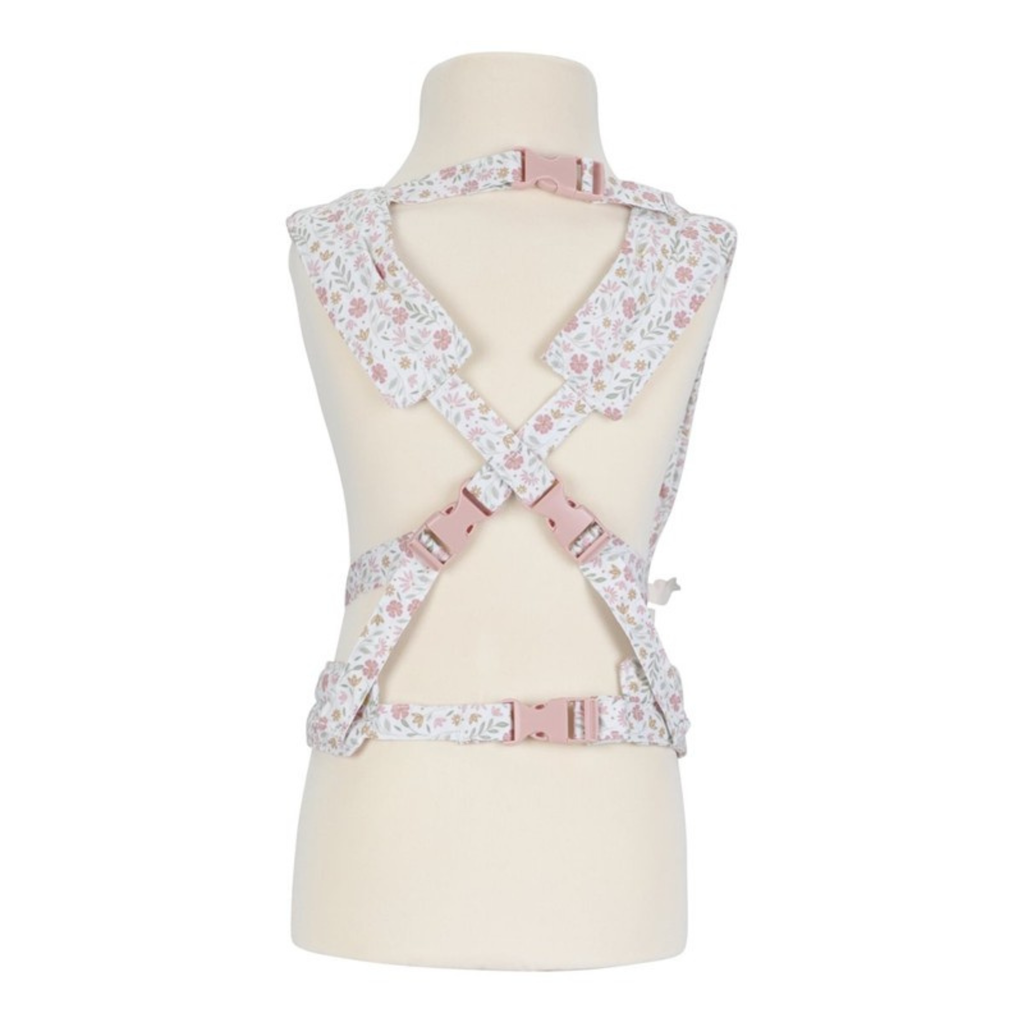 Vista trasera del portabebés para muñeca Little Dutch con correas ajustables y hebillas de seguridad