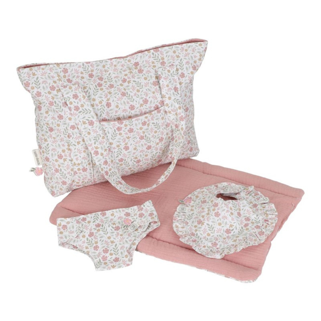 Set de accesorios para muñeca Little Dutch con bolso floral, cambiador, babero y pañal en tonos rosa