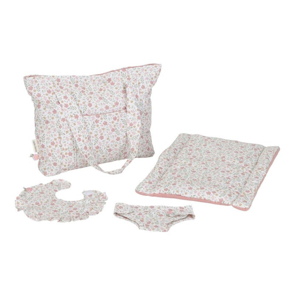 Set Little Dutch para muñeca con bolso, babero, pañal y cambiador floral, diseño en algodón suave