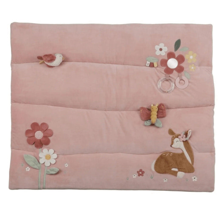 Tapis de jeu rembourré rose avec fleurs, cerf brodé et jouets sensoriels pour bébés