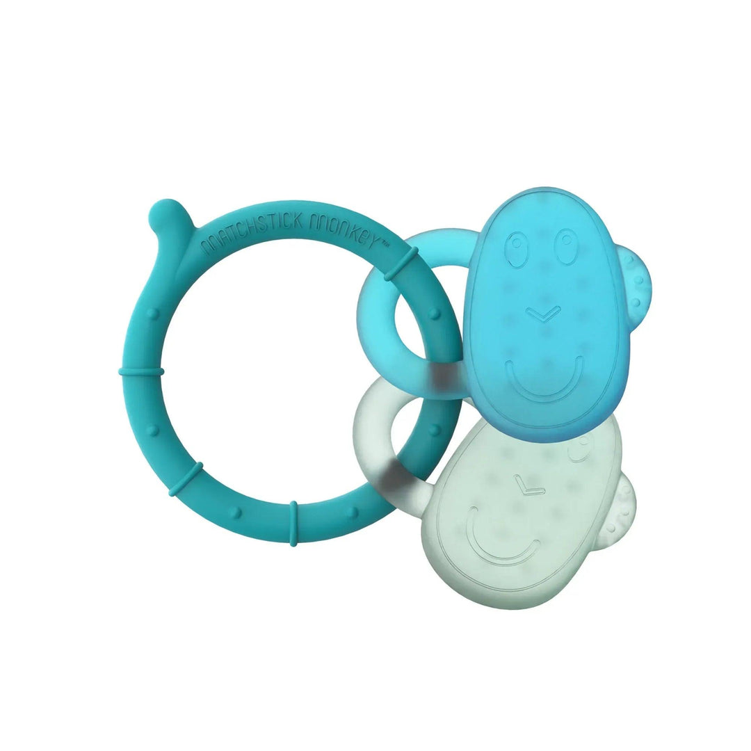 Dentizione a forma di scimmia in silicone blu e verde con anello per neonati