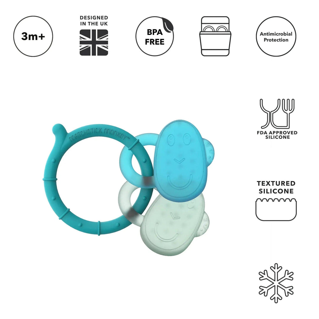 Anneau de dentition singe en silicone sans BPA, en forme d'allumette, adapté aux bébés dès 3 mois.