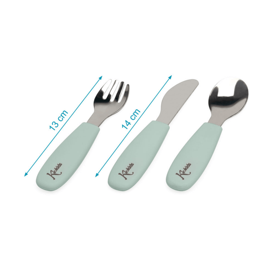 Measurements of the KioKids baby cutlery set with spoon, fork and knife