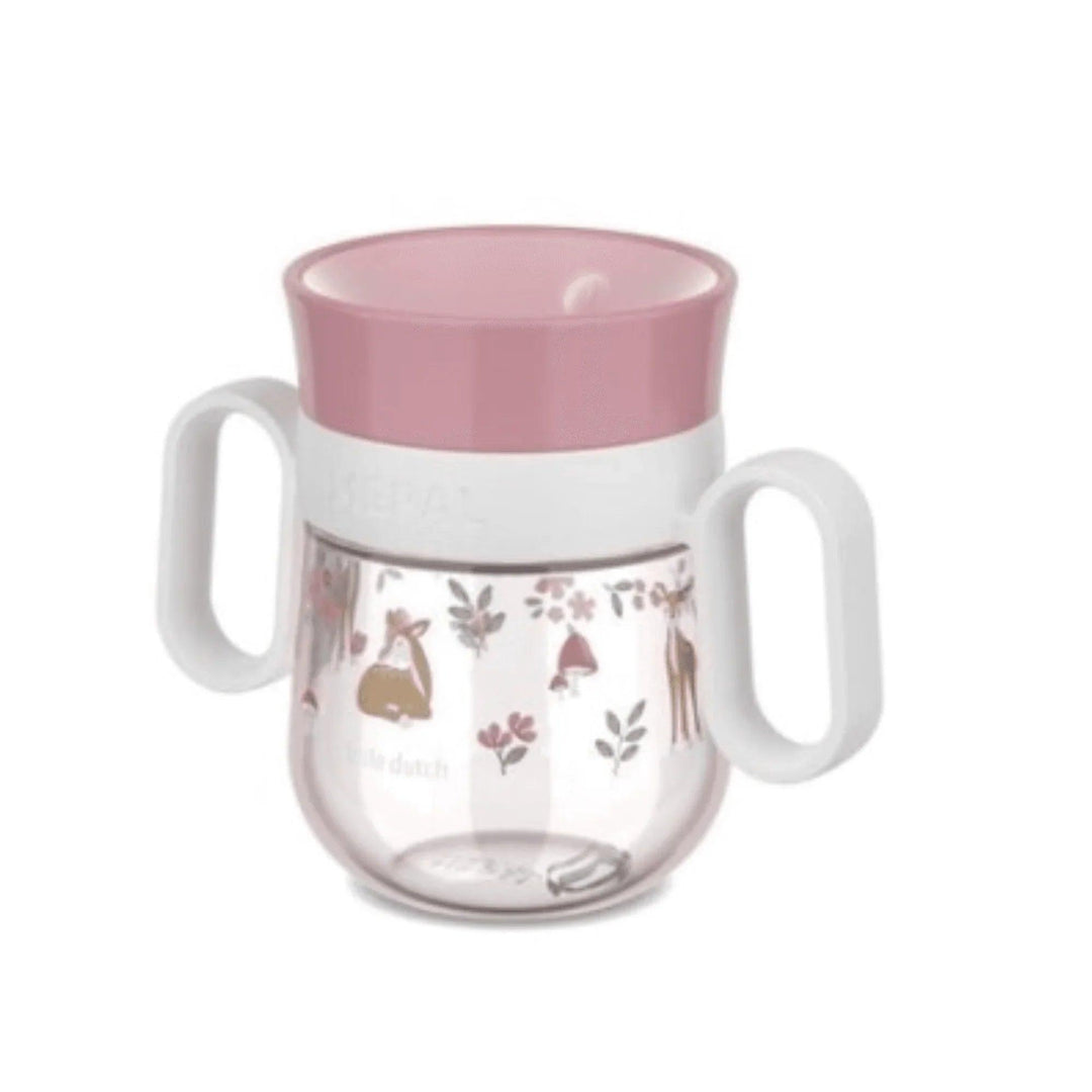 Vaso de aprendizaje Mepal Little Dutch rosa con asas, ilustración de animalitos y flores, ideal para bebés y niños pequeños