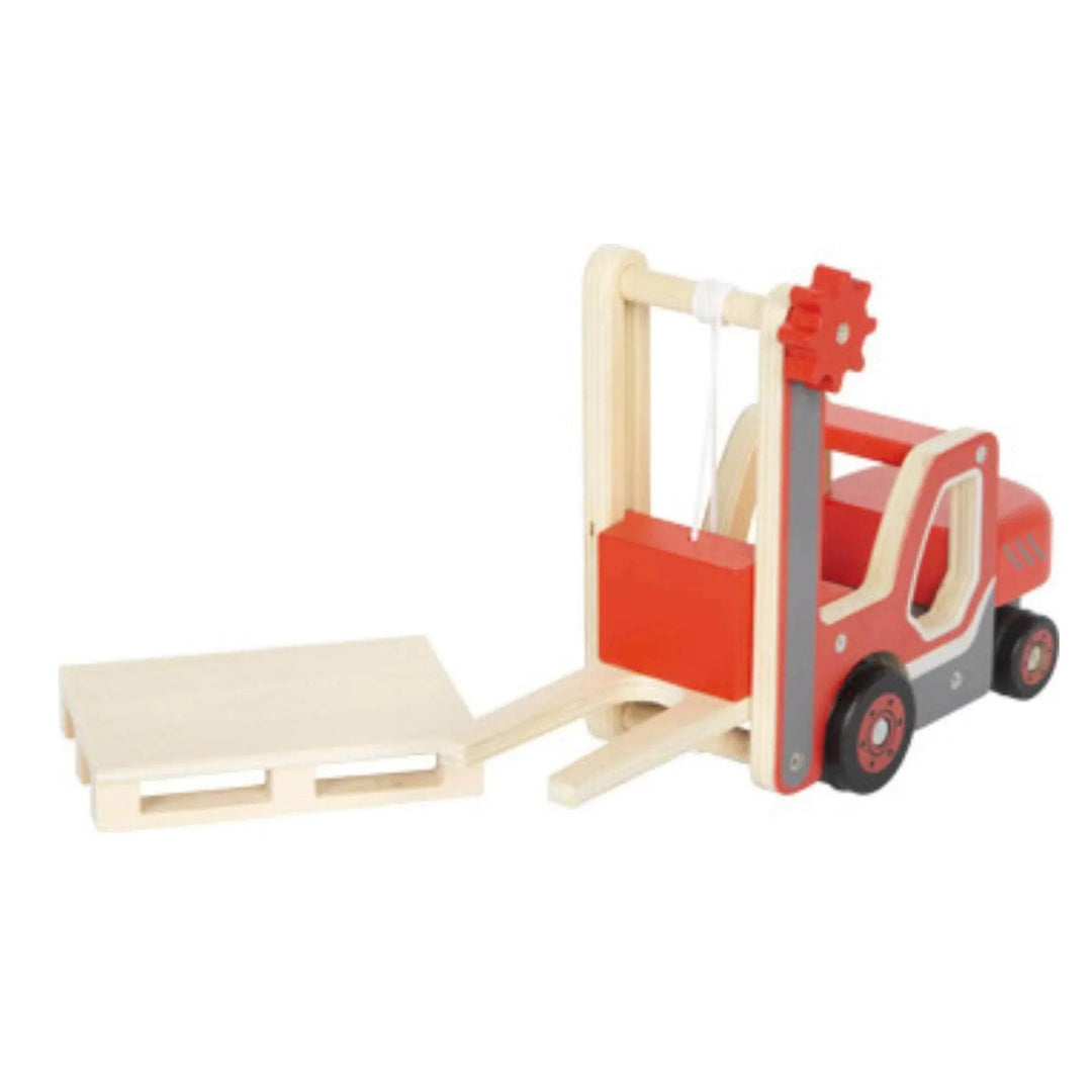 Carrello elevatore giocattolo in legno rosso per bambini, con sistema di carrucole e pagaia inclusi, ideale per giochi di ruolo e di coordinazione.
