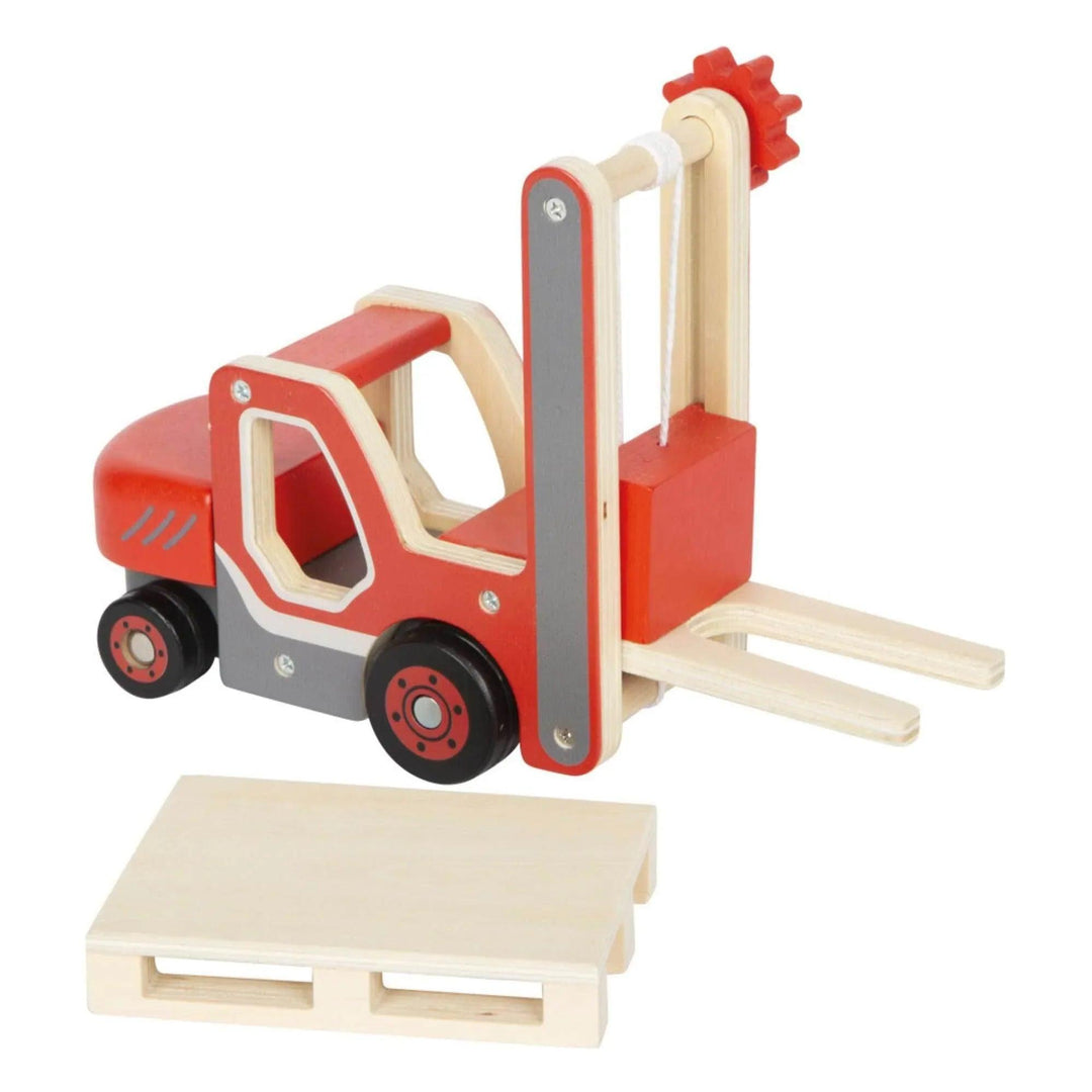 Carrello elevatore giocattolo in legno con pallet incluso, ideale per giochi di costruzione per bambini