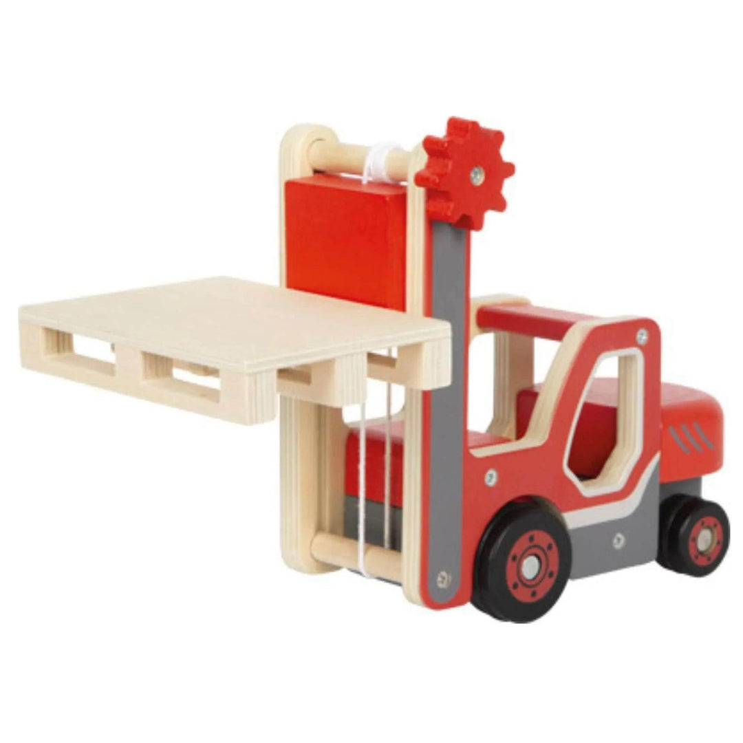 Ascensore per bambini in legno con pallet elevato mediante sistema di carrucole rotanti