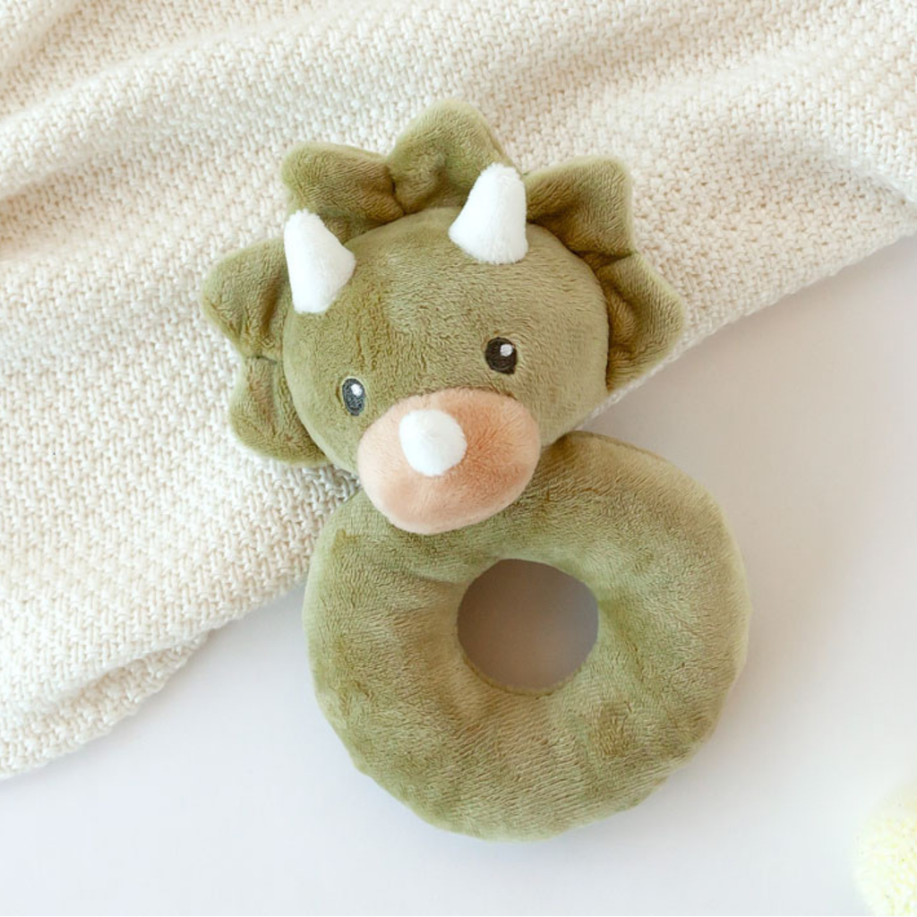 Mordedor de bebé con forma de dinosaurio triceratops de peluche suave
