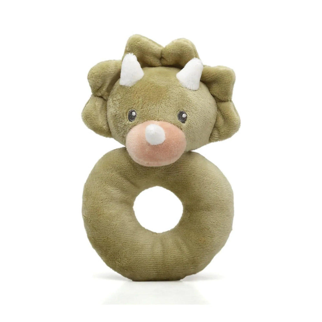 Baby teether with green plush triceratops dinosaur design