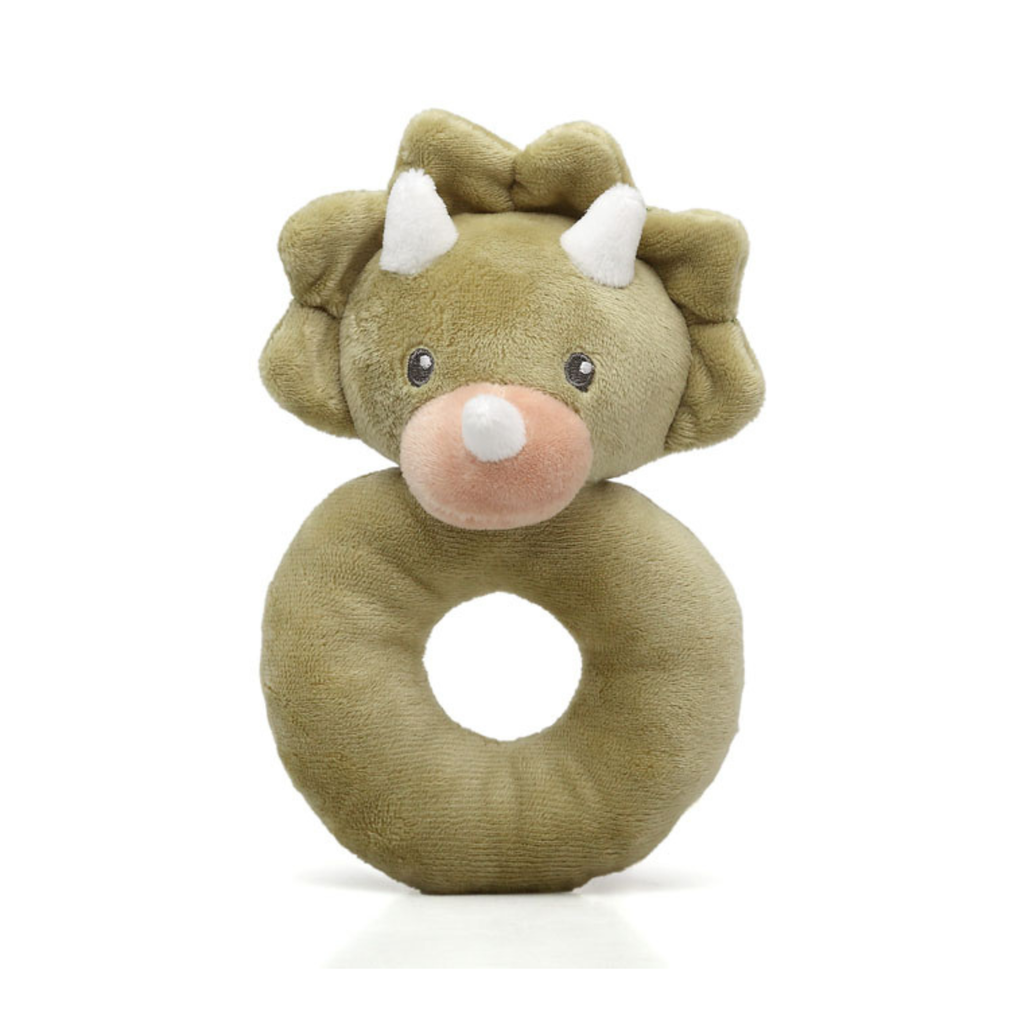 Mordedor para bebé con diseño de dinosaurio triceratops de peluche verde