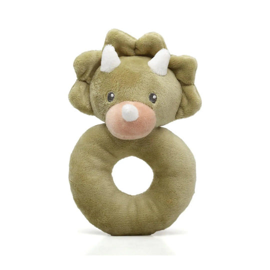 Massaggiagengive per bambini con motivo di dinosauro triceratopo di peluche verde