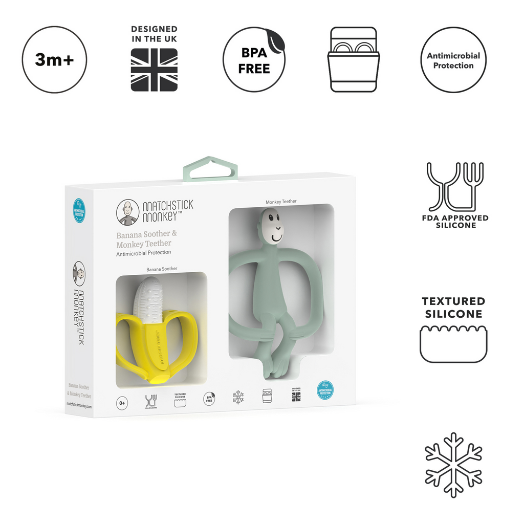 Mordedor de silicona para bebé Matchstick Monkey en forma de mono y plátano, set antimicrobiano BPA free