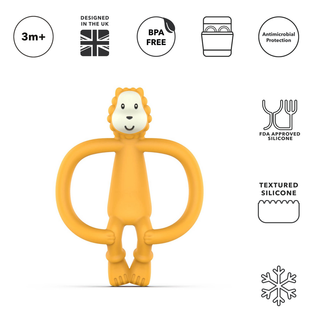 Mordedor Matchstick Monkey león naranja, silicona aprobada FDA, BPA free y con protección antimicrobiana.