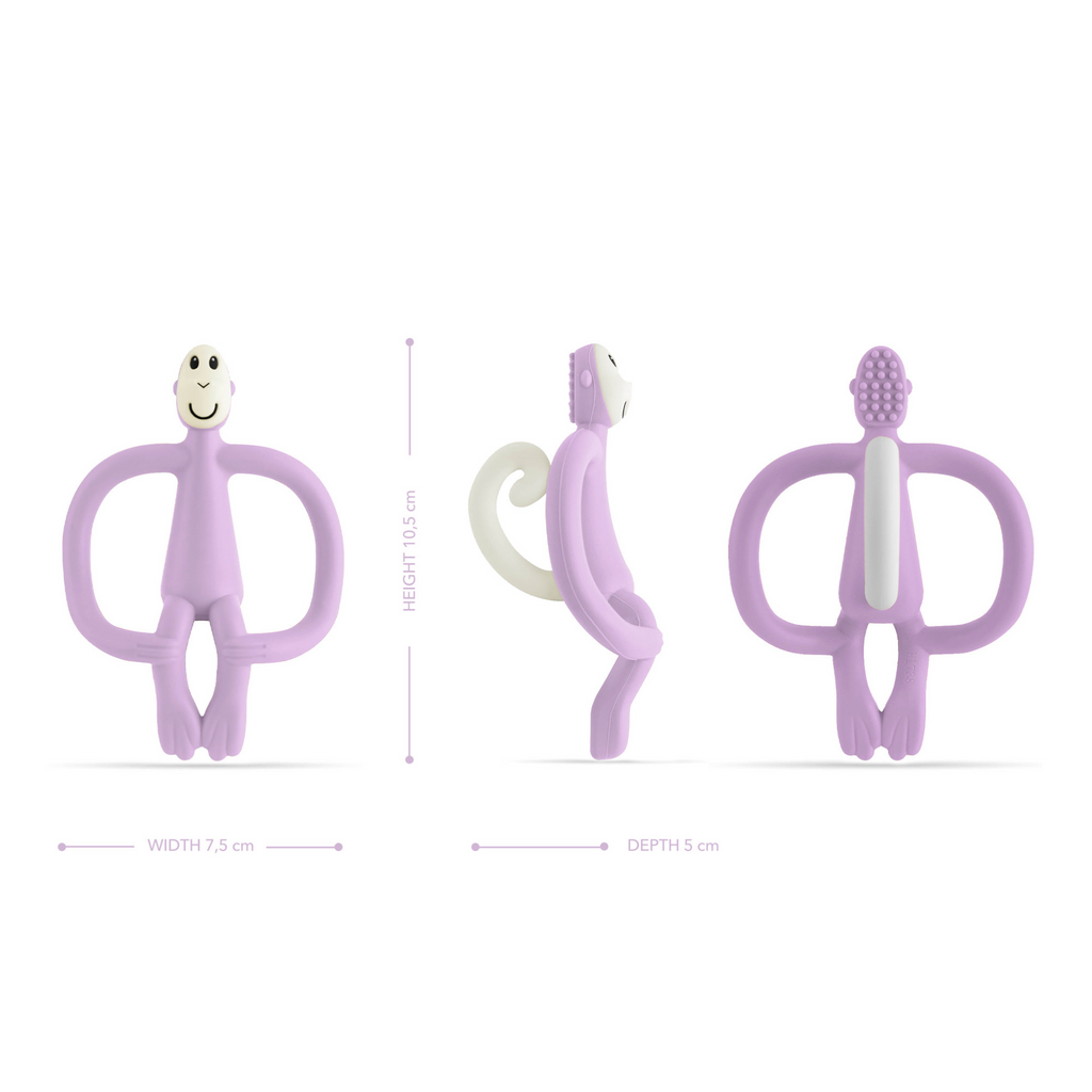 Mordedor de silicona Matchstick Monkey color lila, diseño original seguro para bebés