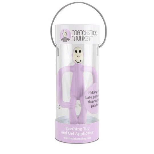 Mordedor Matchstick Monkey color lila en envase original cilíndrico, juguete de dentición y aplicador de gel