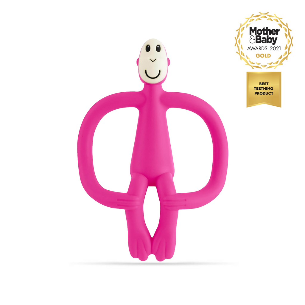 Mordedor de silicona Matchstick Monkey color rosa, diseñado para bebés, premiado Best Teething Product