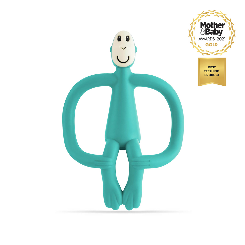 Mordedor Matchstick Monkey de silicona para bebé color verde, reconocido con premio Best Teething Product
