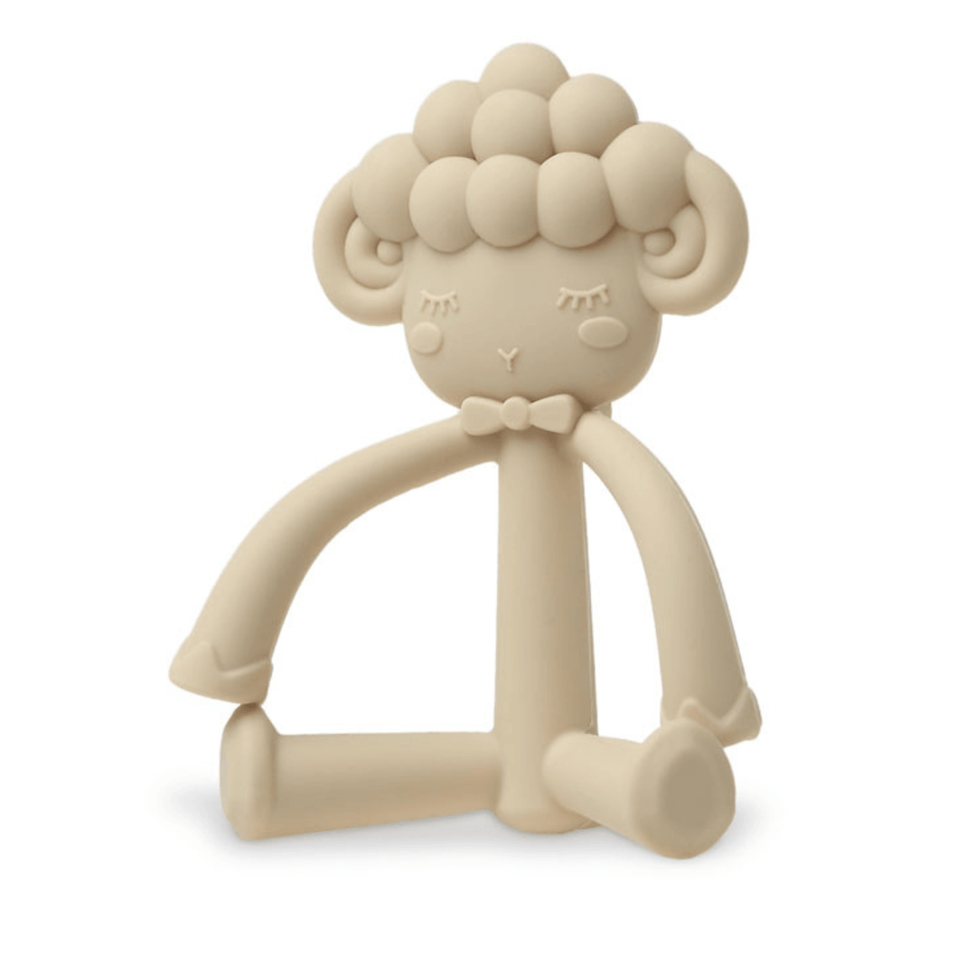 Mordedor infantil de silicona con diseño de oveja, ligero, ergonómico y fácil de agarrar para manos pequeñas.
