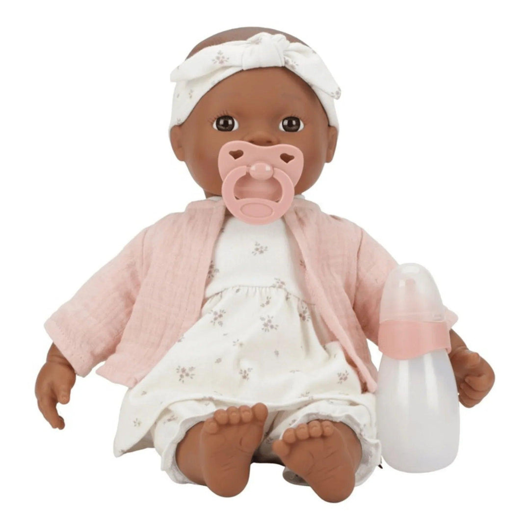 Muñeca bebé Little Dutch con chupete y biberón – lleva conjunto floral y chaqueta rosa, juguete tierno para niños.