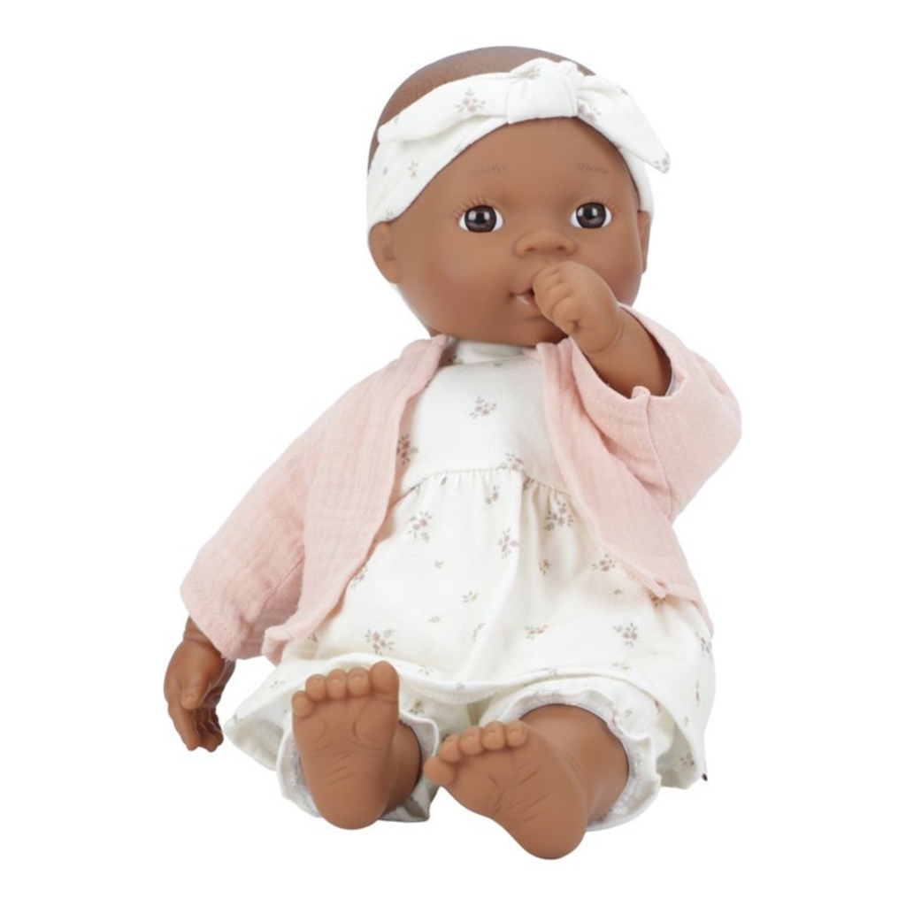 Muñeca bebé Little Dutch con chupete rosa y conjunto floral – juguete realista y suave para niños pequeños.
