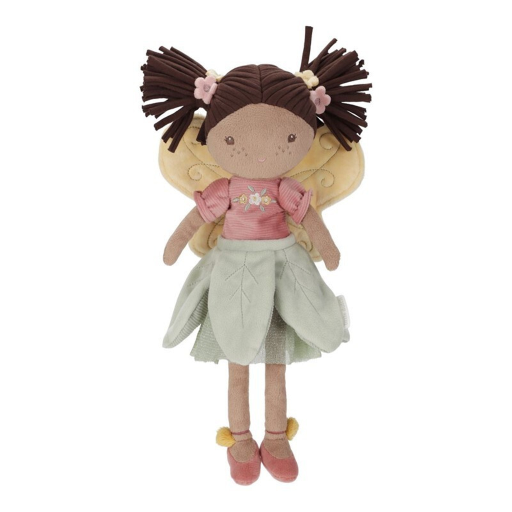 Muñeca de tela Hada Evi de Little Dutch con alas amarillas y vestido verde – juguete suave para niños y decoración infantil.