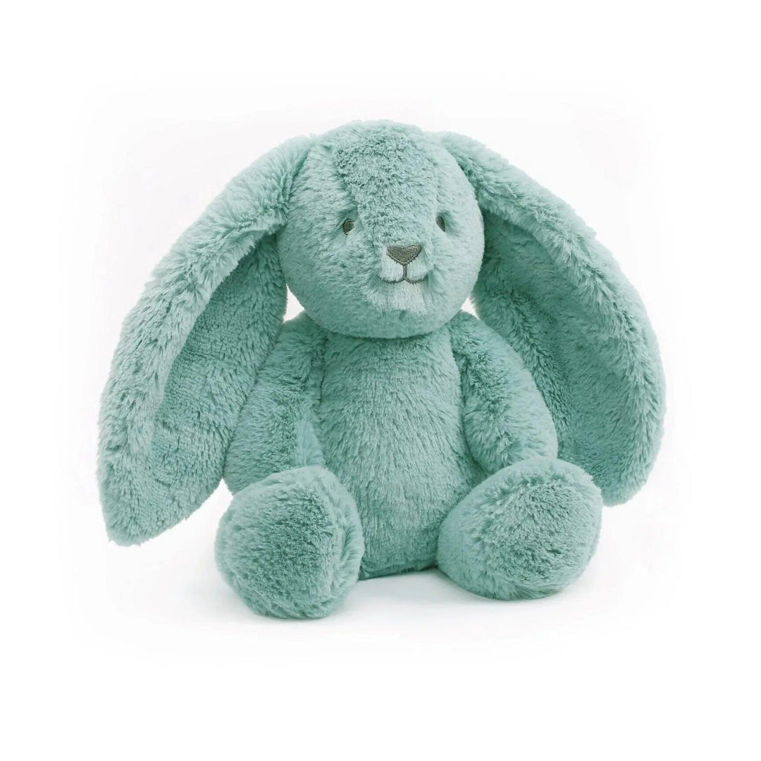 Coniglietto di peluche color menta con lunghe orecchie e una consistenza morbida per neonati e bambini
