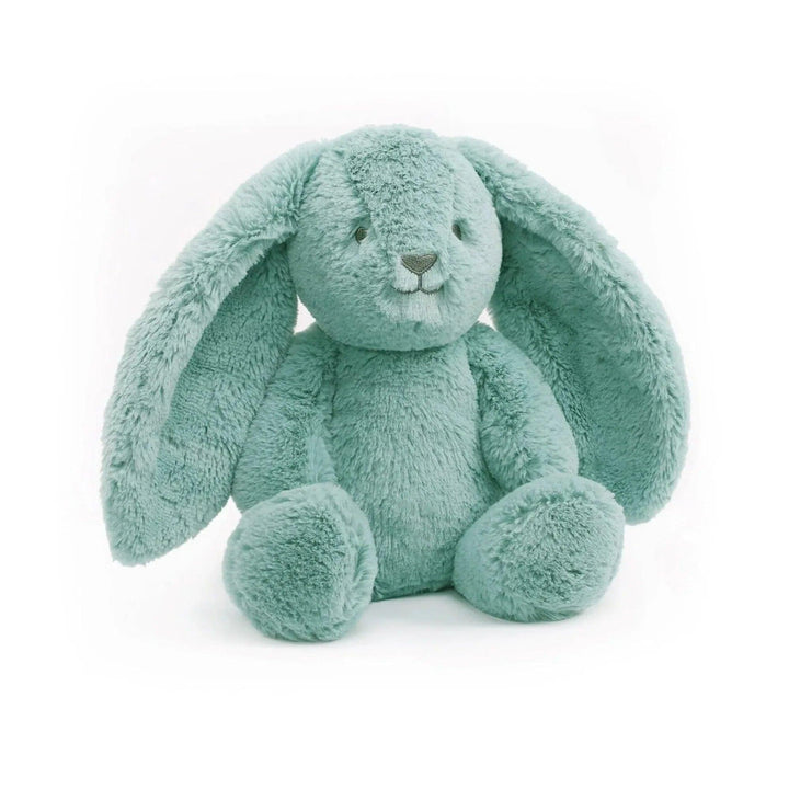 Coniglietto di peluche color menta con lunghe orecchie e una consistenza morbida per neonati e bambini
