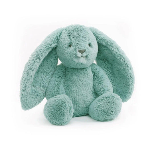 Coniglietto di peluche color menta con lunghe orecchie e una consistenza morbida per neonati e bambini
