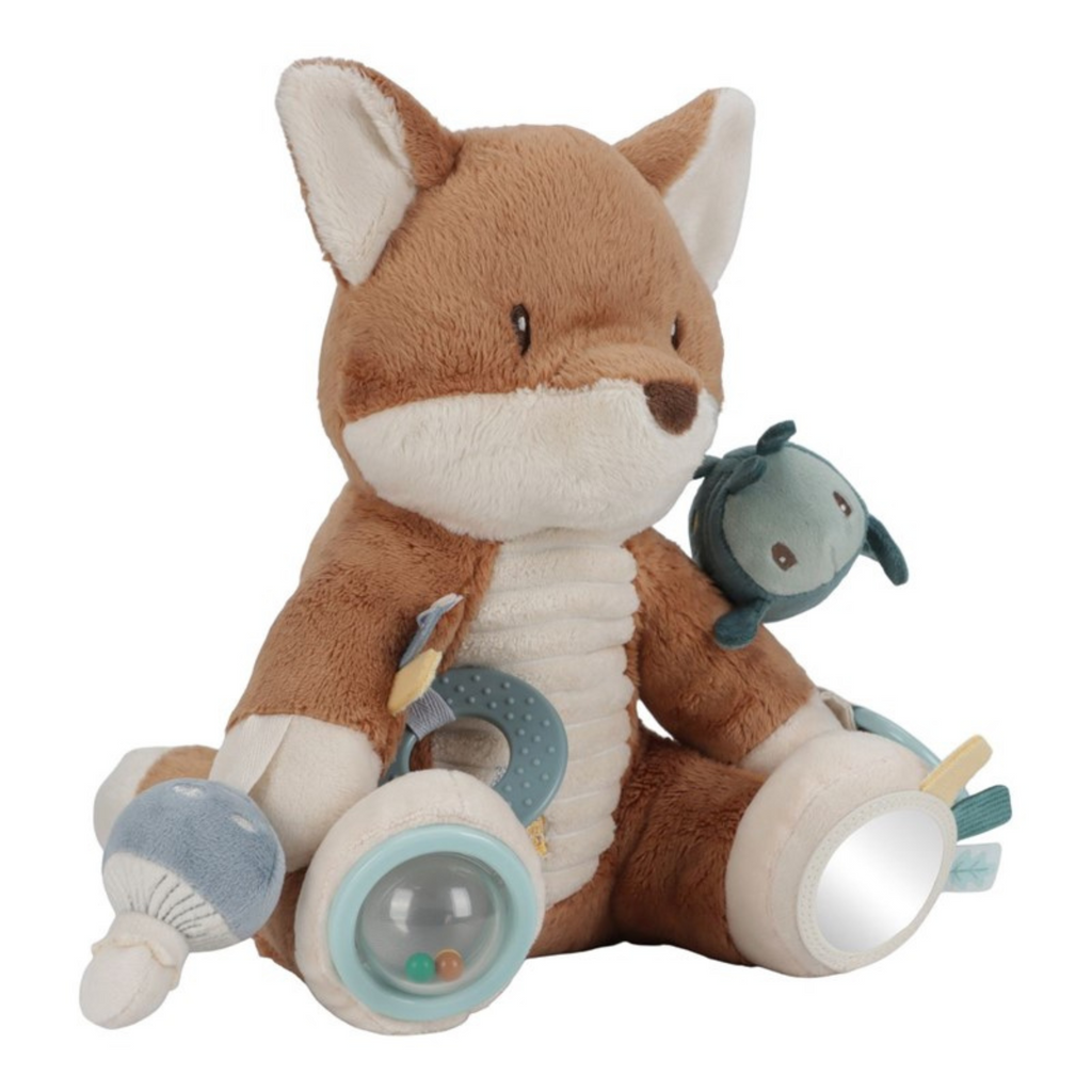 Peluche de zorro para bebés con accesorios educativos: anillas, espejo y texturas suaves