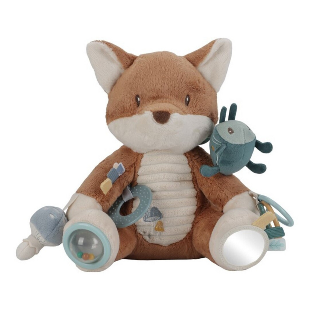 Peluche de zorro sensorial para bebé con sonajero, anillas y espejo en tonos marrón y azul