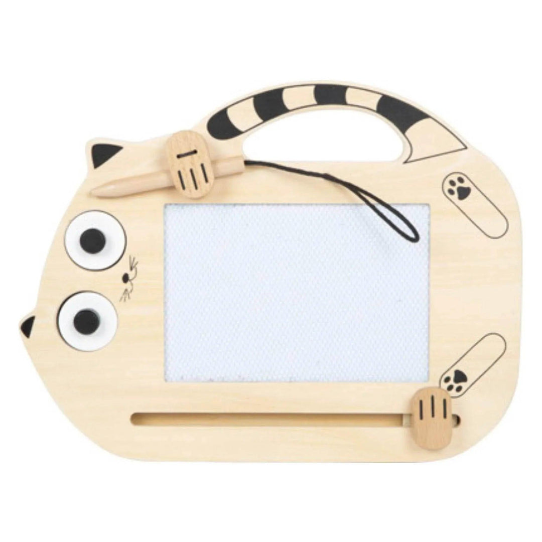 Lavagna magnetica in legno per bambini a forma di gatto con superficie bianca e penna inclusa