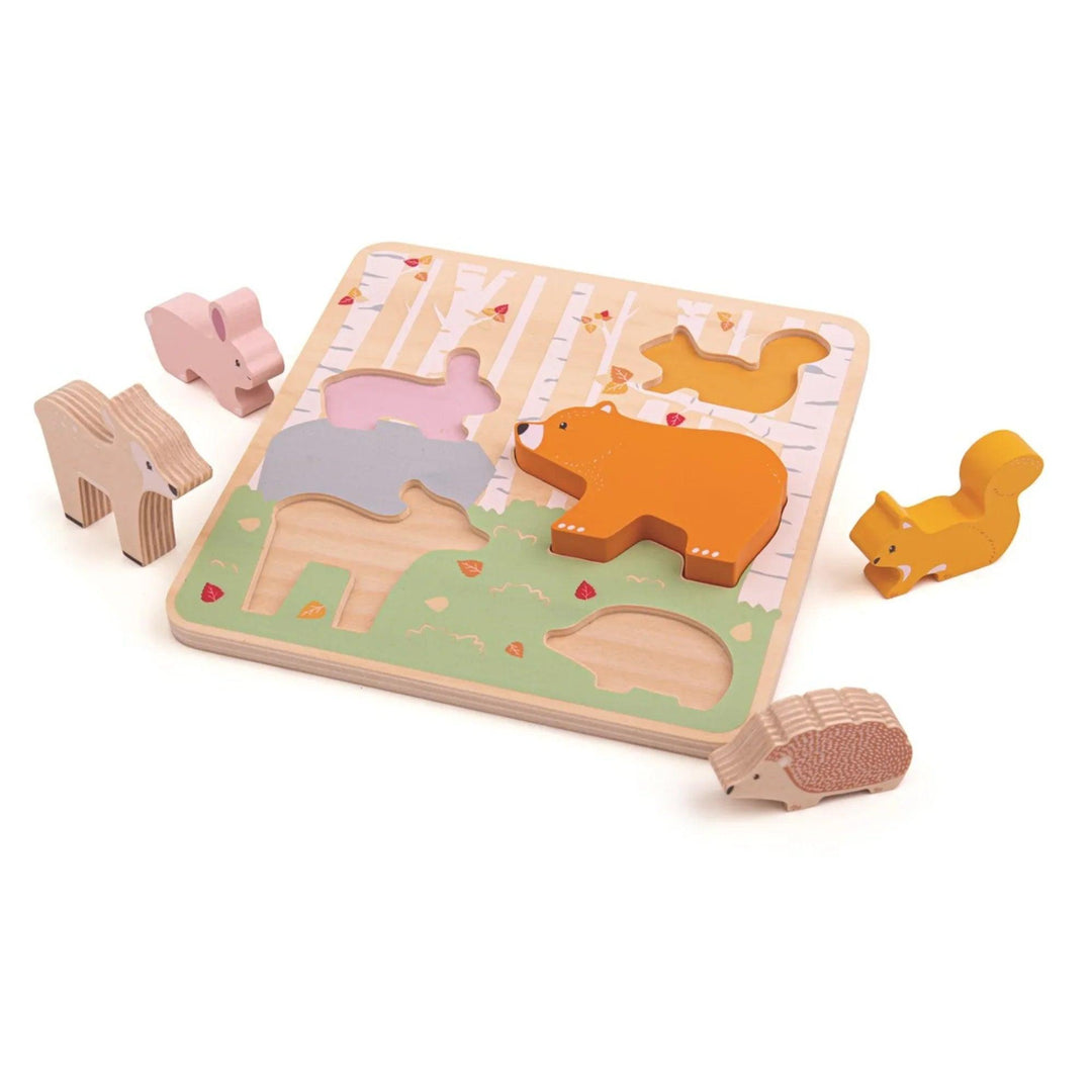 Puzzle in legno per bambini con animali della foresta e pezzi educativi spessi per sviluppare le capacità motorie fini