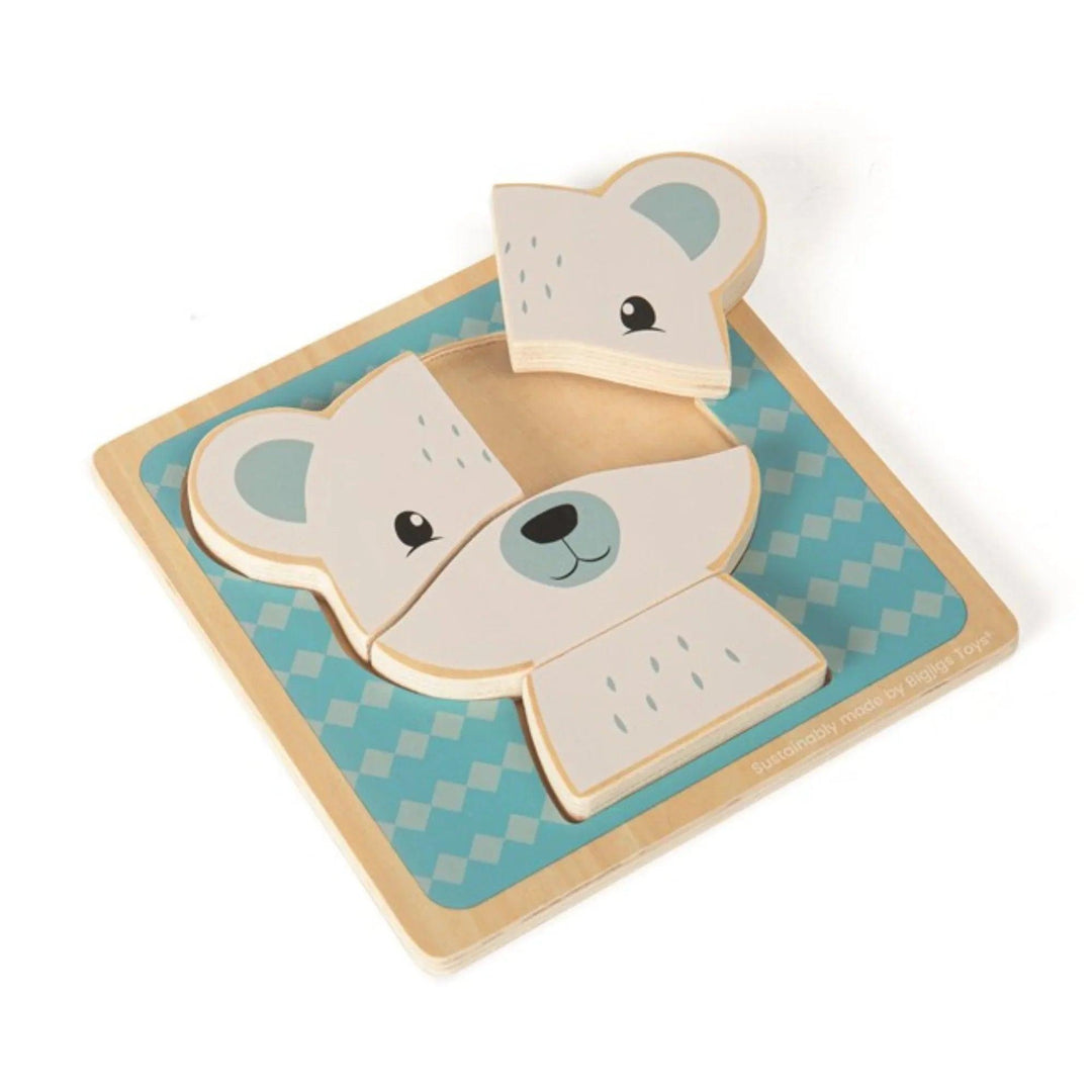Puzzle en bois pour enfants avec un motif d'ours polaire et des pièces épaisses à vocation éducative.