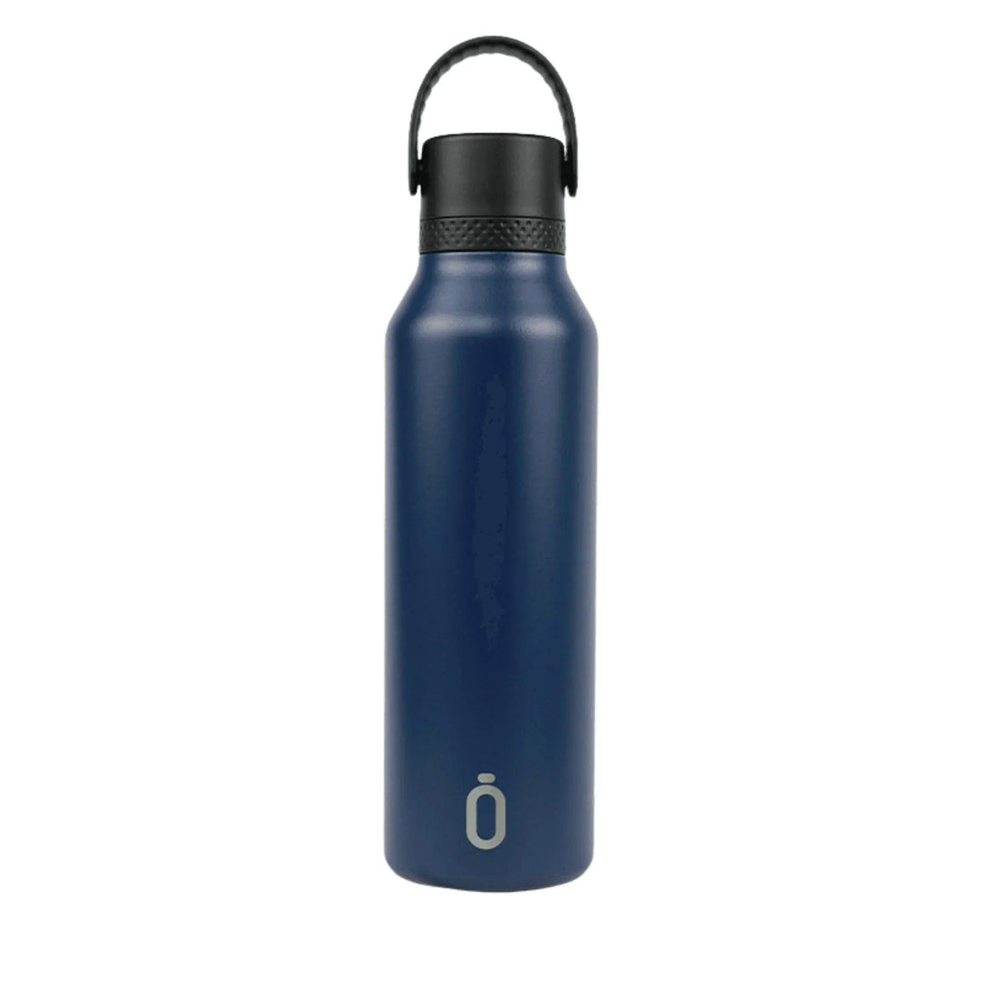 Botella térmica Runbott azul de acero inoxidable, tapa negra con asa, ideal para mantener bebidas frías o calientes, uso deportivo y diario