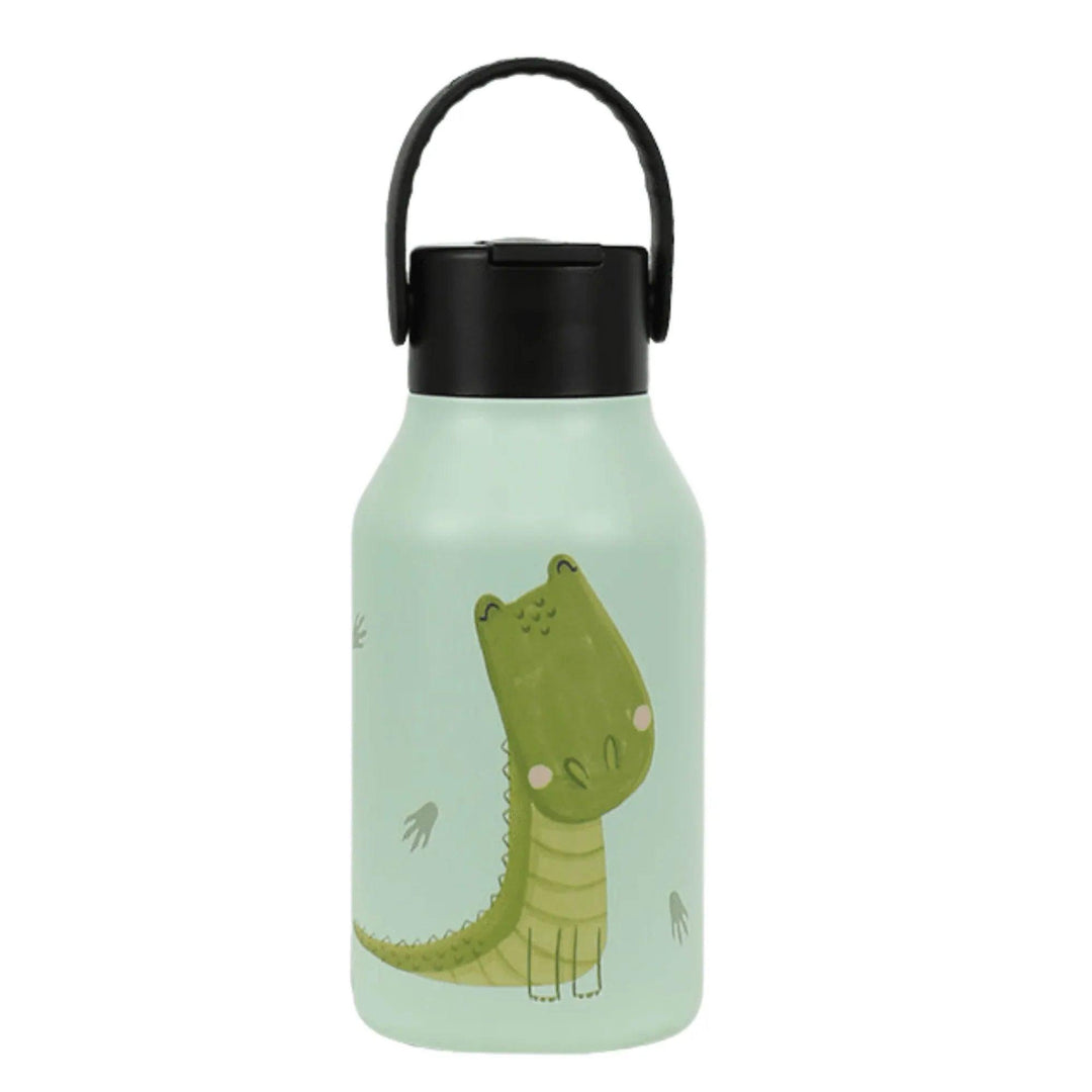 botella termo de la marca Runbott con un dibujo de cocodrilo