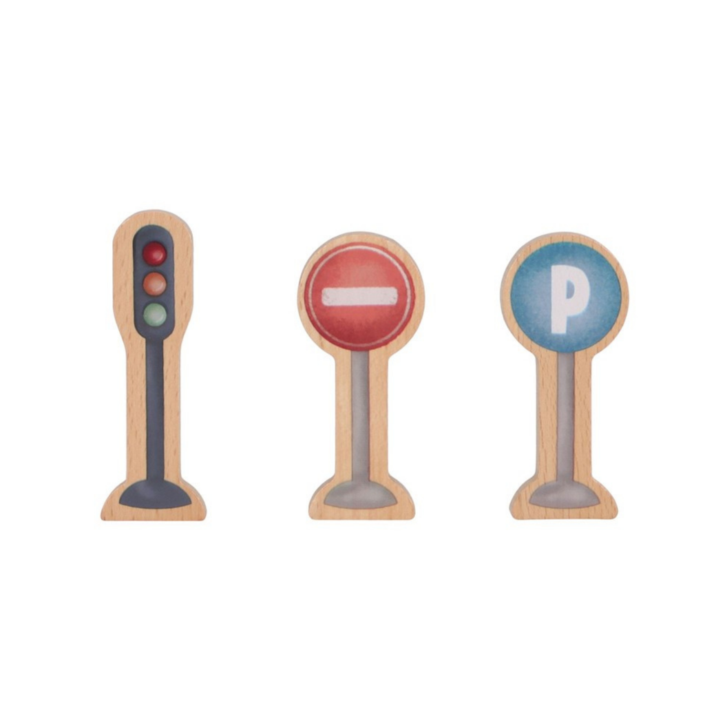 Señales de tráfico de madera del circuito Little Dutch: semáforo, prohibido el paso y aparcamiento.