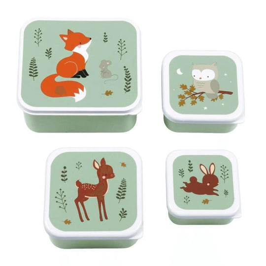 and a stack of 4 snack boxes with drawings of a fox, deer, owl and rabbit on a green background.